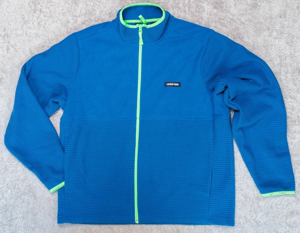 Lands End Blue and Green Full Zip Grid Fleece Jacket Mens Size L NWT